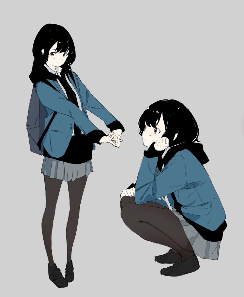 1girl black_footwear black_hair black_hoodie blue_jacket blush brown_eyes collared_shirt grey_background hand_on_own_face highres hood hoodie interlocked_fingers jacket looking_at_viewer looking_away multiple_views original own_hands_together pale_skin pantyhose popman3580 shirt shoes simple_background skirt smile solo squatting standing white_shirt