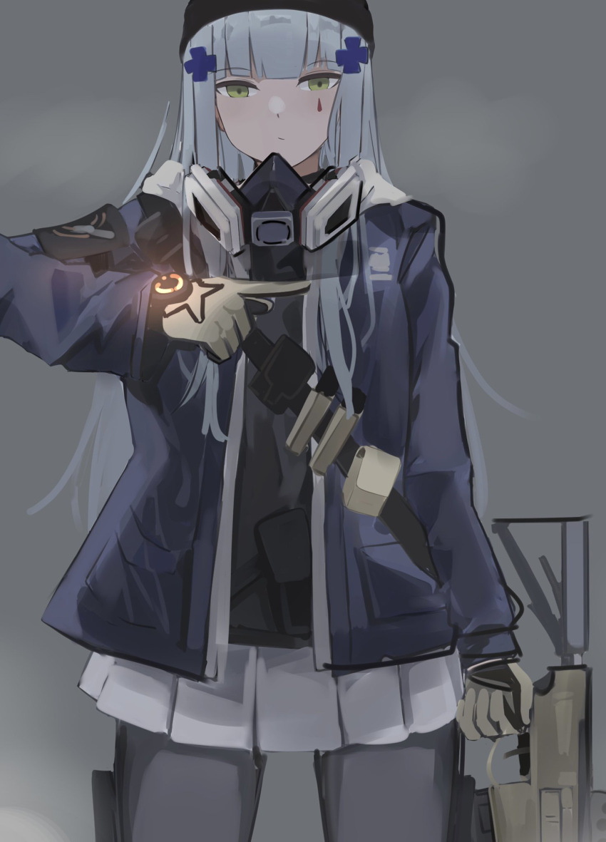 1girl blue_jacket brown_gloves chcn expressionless girls'_frontline gloves green_eyes grey_hair grey_skirt highres hk416_(girls'_frontline) jacket long_hair looking_at_viewer pantyhose pointing_to_the_side respirator skirt solo