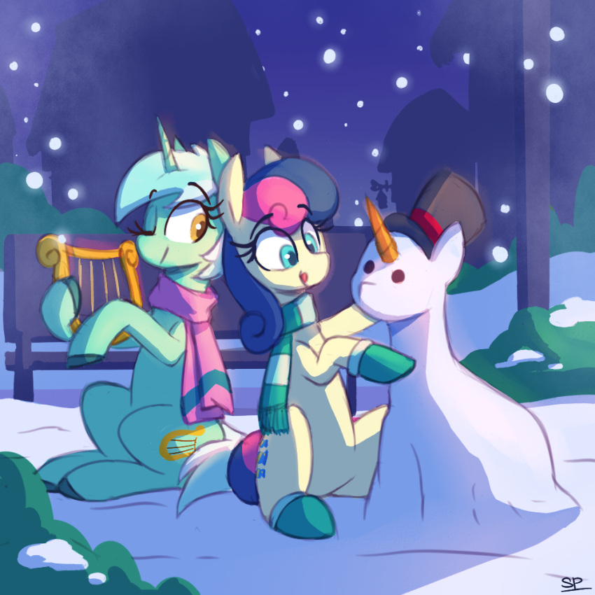 amber_eyes bench blue_eyes blue_hair bonbon_(mlp) carrot carrot_nose clothing earth_pony equid equine food friendship_is_magic fur gloves green_body green_fur green_hair hair handwear hat headgear headwear hi_res horn horse lyra_heartstrings_(mlp) lyre mammal multicolored_hair musical_instrument my_little_pony plant plucked_string_instrument pony purple_hair scarf scribble-potato snow snowing snowman string_instrument top_hat two_tone_hair unicorn vegetable white_hair