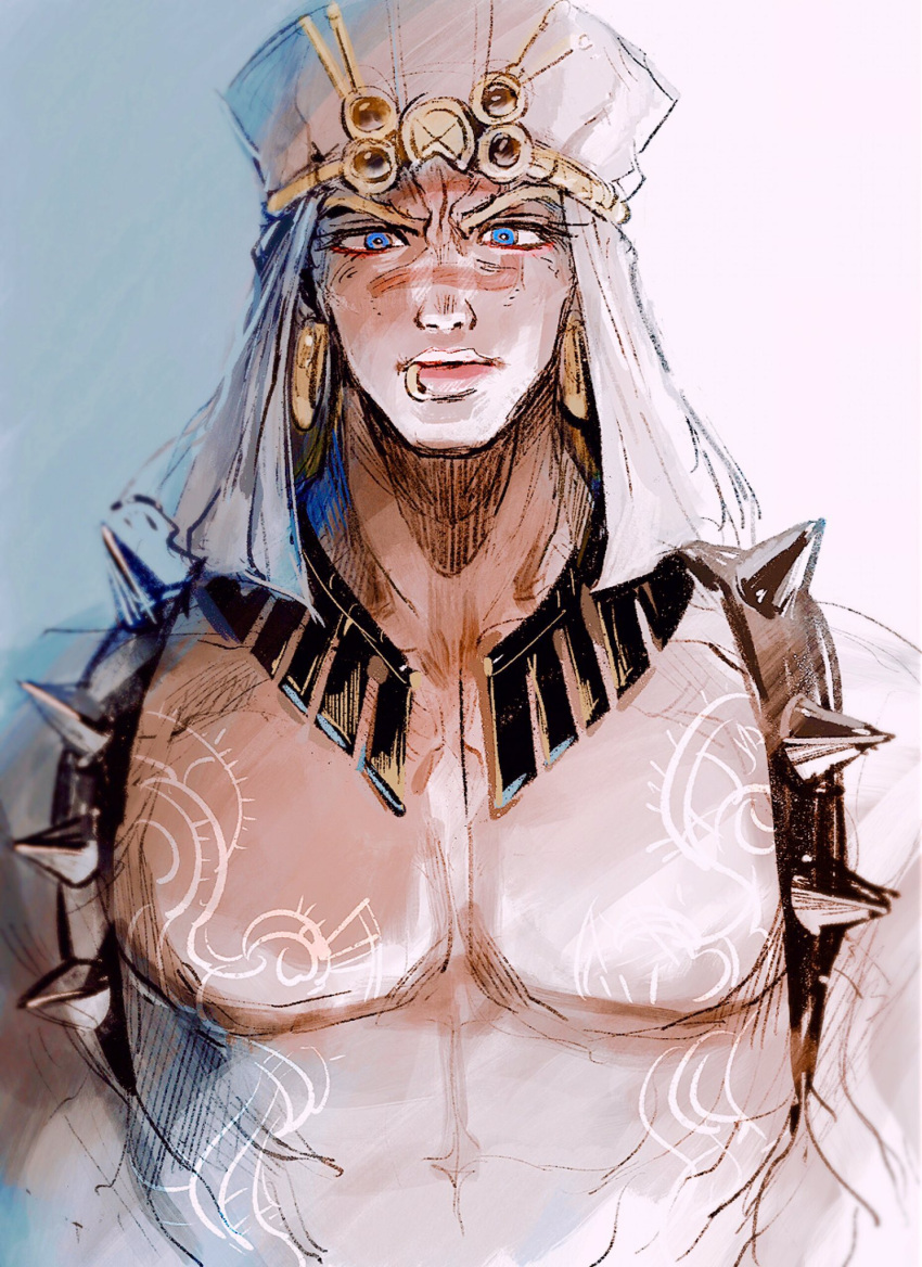 1boy blonde_hair blue_eyes bodypaint chocoblood earrings facial_mark highres hoop_earrings jewelry jojo_no_kimyou_na_bouken large_pectorals lip_piercing lip_ring male_focus manly muscular muscular_male pectorals piercing shoulder_spikes solo spikes turban wamuu