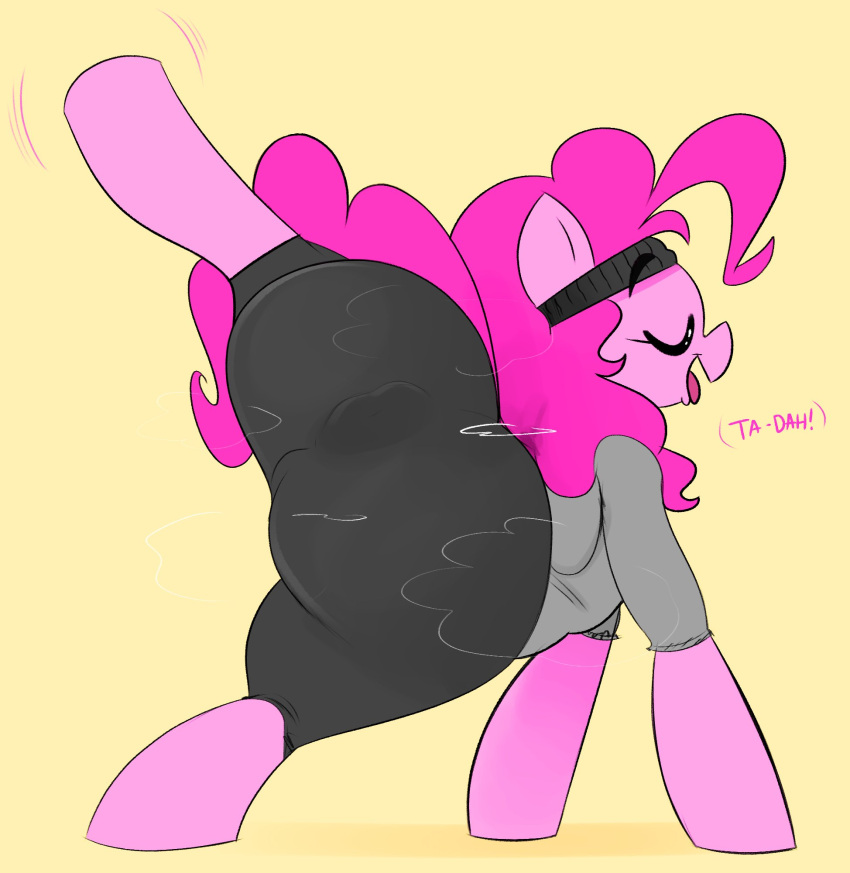 accessory anus anus_outline big_butt butt clothed clothing earth_pony english_text equid equine exclamation_point eyes_closed female feral friendship_is_magic hair hasbro headband hi_res hoodie horse mammal my_little_pony open_mouth ota_(artist) pink_body pink_hair pinkie_pie_(mlp) pony solo stretching sweatpants text tongue tongue_out topwear