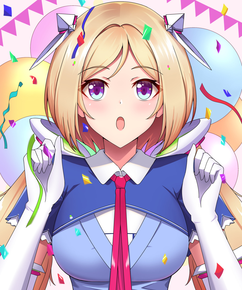 1girl absurdres aki_rosenthal balloon bangs birthday blonde_hair blue_dress blue_eyes blue_jacket confetti detached_hair dress elbow_gloves eyebrows_visible_through_hair gloves headgear highres hololive jacket long_hair looking_at_viewer low_twintails open_mouth overskirt parted_bangs purple_eyes sei_joshikou short_hair short_sleeves shrug_(clothing) solo twintails upper_body virtual_youtuber white_dress white_gloves