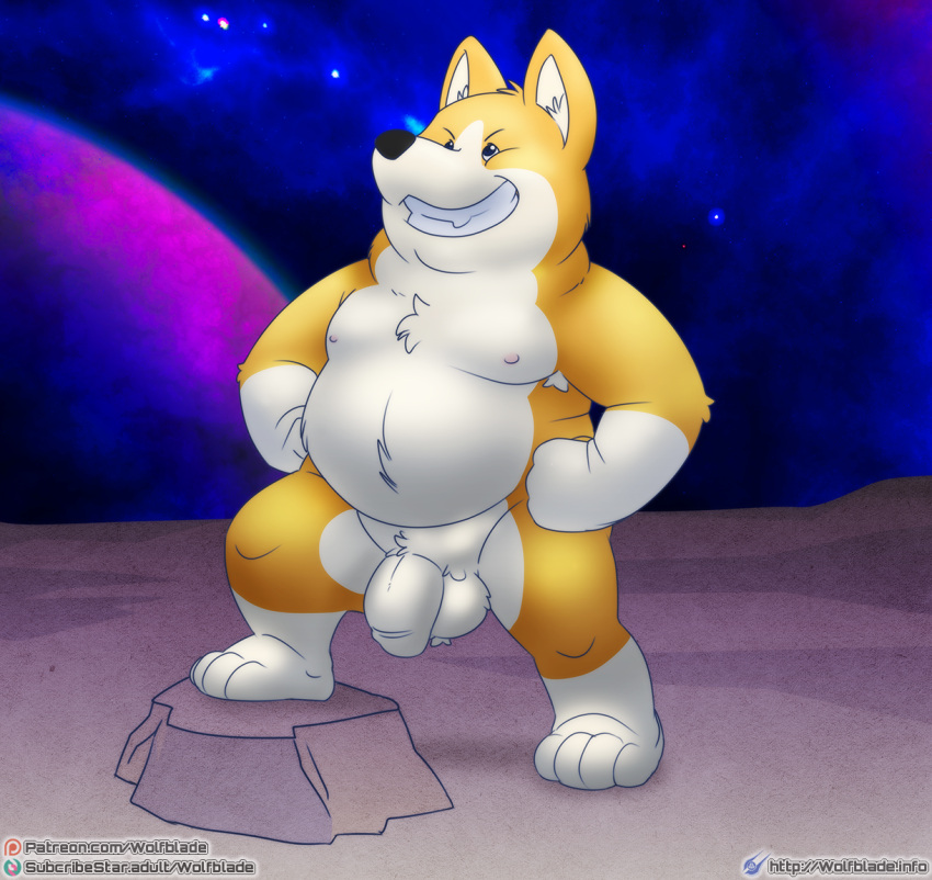 2022 anthro balls black_nose brown_body canid canine canis dogs_in_space domestic_dog garbage_(dogs_in_space) genitals humanoid_genitalia humanoid_hands humanoid_penis male mammal moobs nipples penis slightly_chubby solo white_body wolfblade