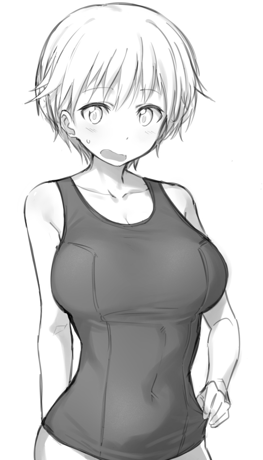 1girl absurdres arm_behind_back blush brave_witches breasts clothes_pull covered_navel cowboy_shot fankupl greyscale highres large_breasts looking_at_viewer monochrome nikka_edvardine_katajainen school_swimsuit short_hair sketch solo sweatdrop swimsuit swimsuit_pull wavy_mouth white_background world_witches_series