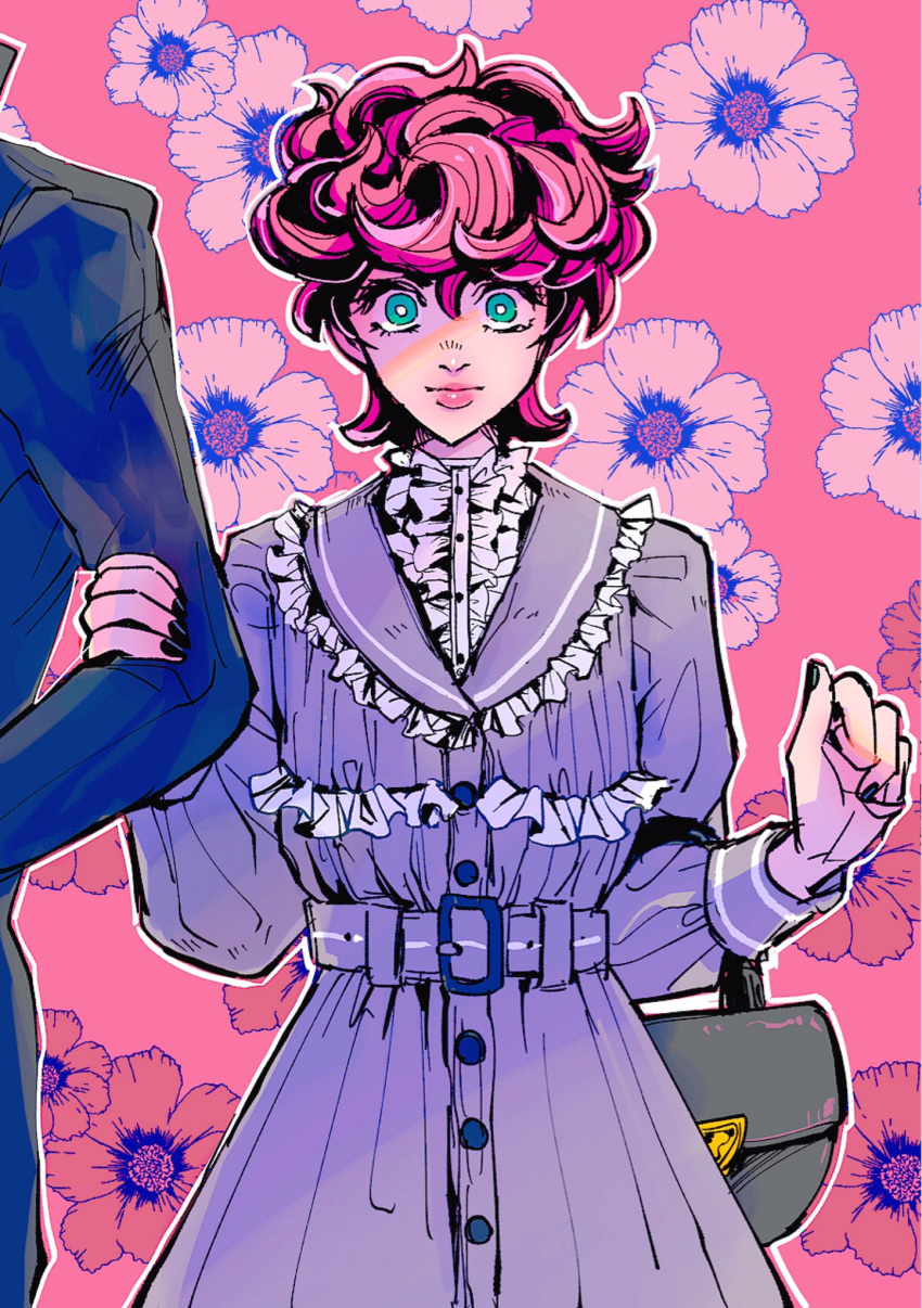 1girl alternate_costume arm_grab bag black_nails blue_eyes chocoblood dress floral_background frilled_dress frills handbag highres jojo_no_kimyou_na_bouken looking_at_viewer nail_polish pink_hair short_hair smile solo_focus trish_una vento_aureo