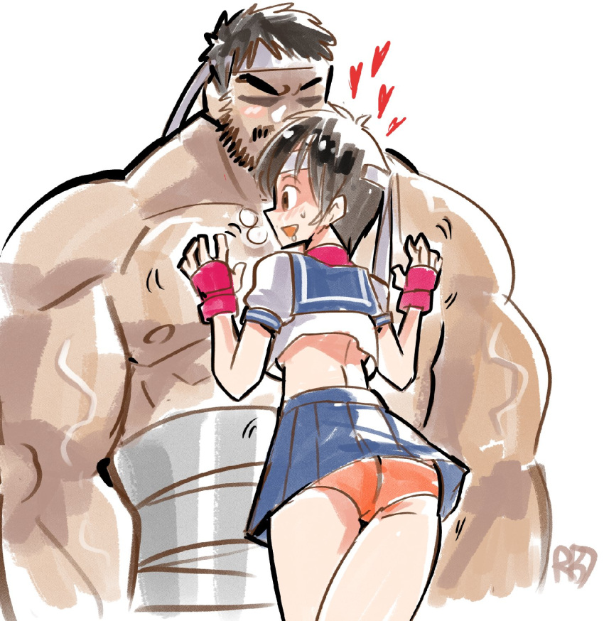 1boy 1girl ass beard biceps blush breath crop_top drooling facial_hair fingerless_gloves gloves hands_on_own_chest headband heavy_breathing highres kasugano_sakura miniskirt muscle_awe muscular muscular_male panties pectorals robojanai ryu_(street_fighter) sailor_collar school_uniform serafuku skirt street_fighter street_fighter_6 street_fighter_zero_(series) thighs topless_male underwear v-shaped_eyebrows veiny_arms white_headband