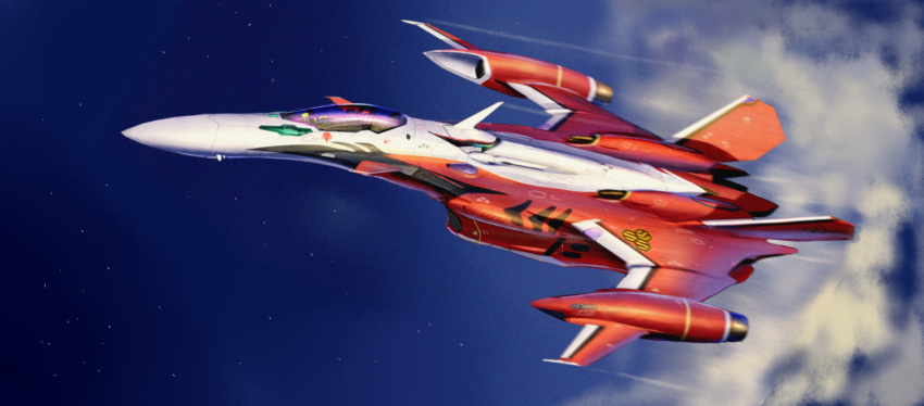 aircraft airplane asterozoa canopy_(aircraft) cloud fighter_jet flying highres jet macross macross_frontier macross_frontier:_sayonara_no_tsubasa mecha military military_vehicle motion_blur no_humans science_fiction sky solo variable_fighter vehicle_focus yf-29