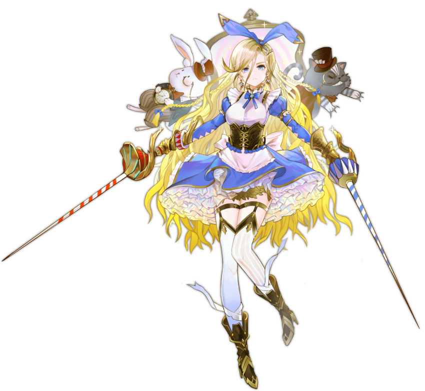 1girl alice_(ark_order) animal_ears apron ark_order asymmetrical_legwear back_bow bandaged_leg bandages blonde_hair blue_bow blue_eyes blue_skirt book boots bow bowtie braid brown_footwear bunny cat center_frills corset crown cup dual_wielding earrings fake_animal_ears fire food frilled_skirt frills full_body garter_straps hat holding holding_sword holding_weapon horizontal_stripes jewelry juliet_sleeves long_hair long_sleeves looking_at_viewer mini_crown mismatched_legwear monocle official_art pocket_watch pppppan puffy_sleeves rabbit_ears shirt skirt solo spade_(shape) striped striped_legwear sword tachi-e thigh_strap thighhighs top_hat transparent_background vertical-striped_legwear vertical_stripes very_long_hair watch weapon white_apron white_bow white_shirt