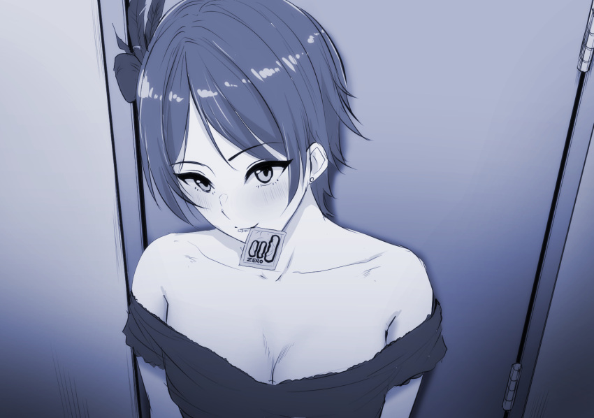 1girl blue_theme breasts cleavage collarbone condom condom_in_mouth dress earrings hayami_kanade idol idolmaster idolmaster_cinderella_girls jewelry light_smile looking_at_viewer monochrome mouth_hold off-shoulder_dress off_shoulder oshou_(o_shou) pretty_liar_(idolmaster) solo stud_earrings upper_body