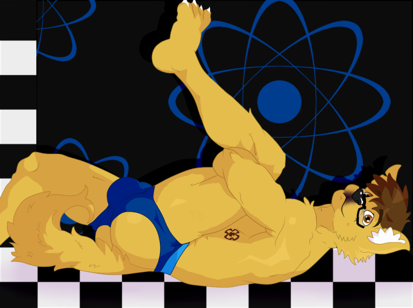 anthro butt canid canine canis clothed clothing domestic_dog eyewear fur glasses jockstrap male mammal mr.brapion presenting presenting_hindquarters raised_leg simple_background solo solo_focus spread_legs spreading underwear underwear_only yellow_body yellow_eyes yellow_fur