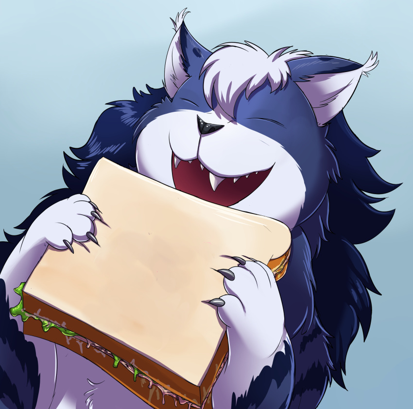 2020 anthro claws domestic_cat eyes_closed fangs felid feline felis food fur hair happy hi_res holding_food holding_object holding_sandwich male mammal open_mouth sandwich_(food) shenzel shenzel_(shenzel) smile solo teeth