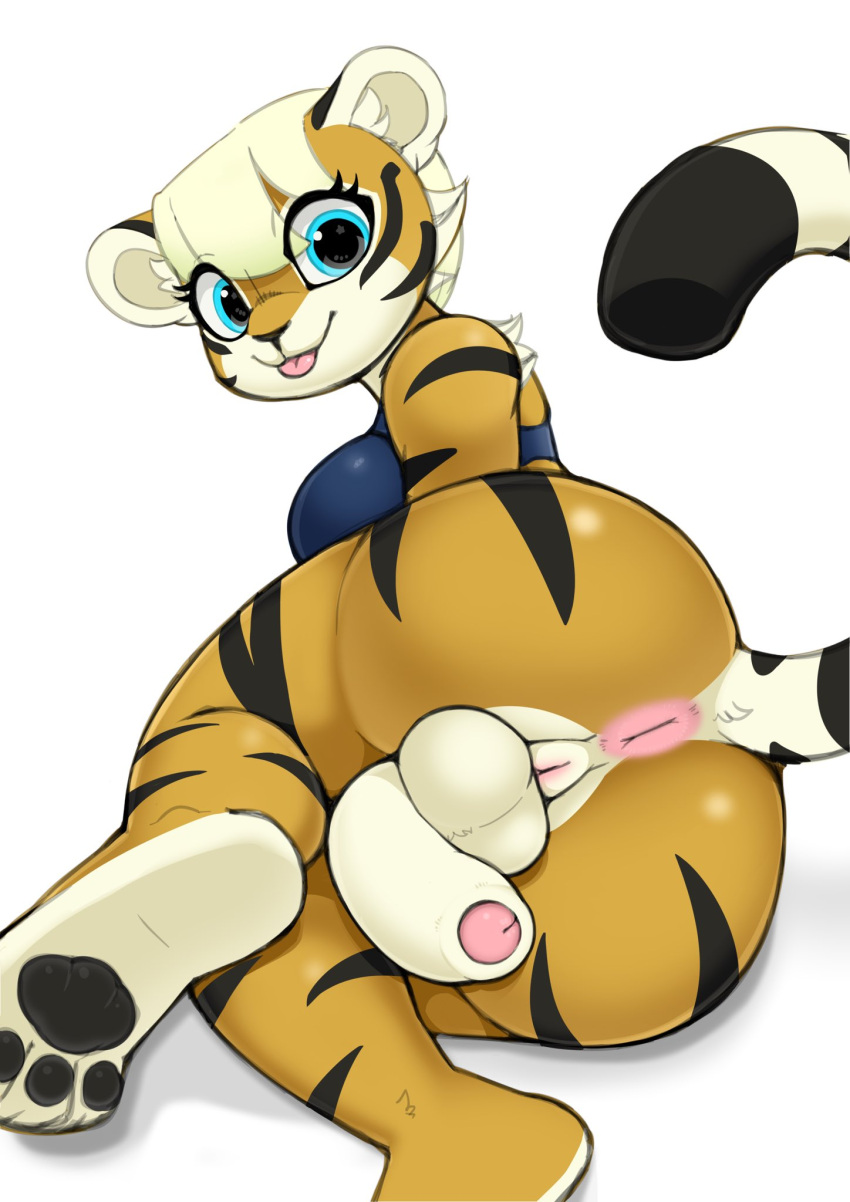 anthro anus balls blonde_hair blue_eyes bottomless butt clothed clothing felid foreskin genitals hair herm hi_res humanoid_genitalia intersex mammal pantherine partially_clothed pawpads penis presenting pussy smile solo tiger tight_foreskin tongue tongue_out topwear torafuta