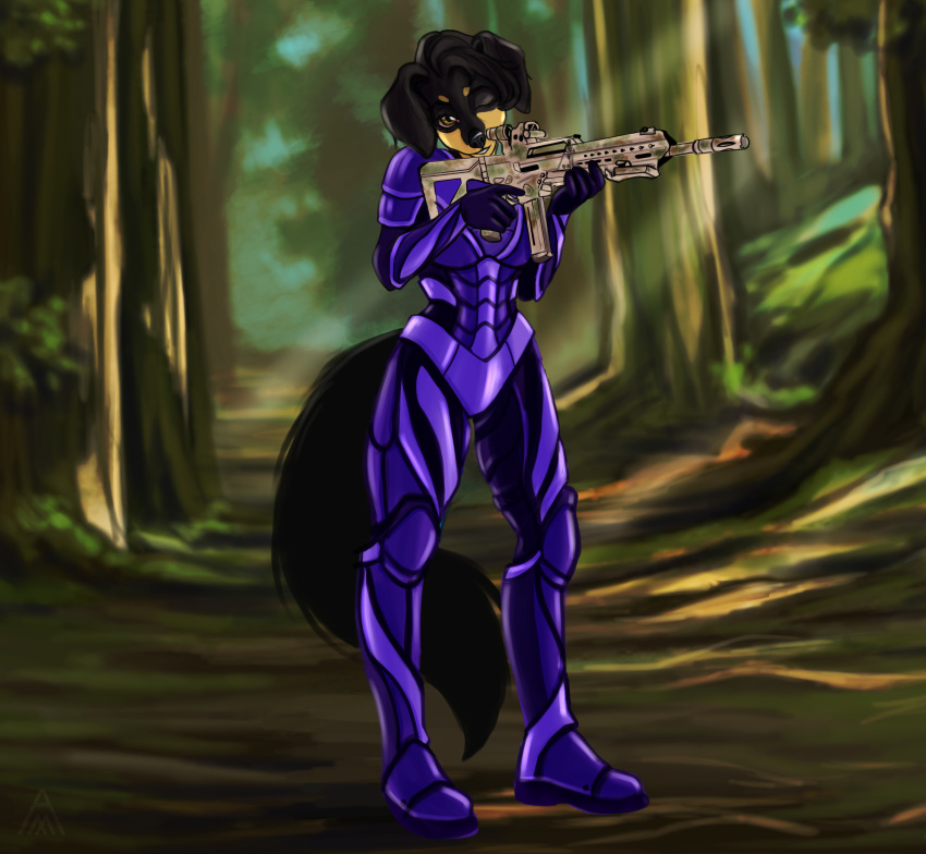 absurd_res anthro armor cinnameana day female forest gun hi_res hovawart lydia_von_blutsonne marksmans plant ranged_weapon rifle solo tree weapon