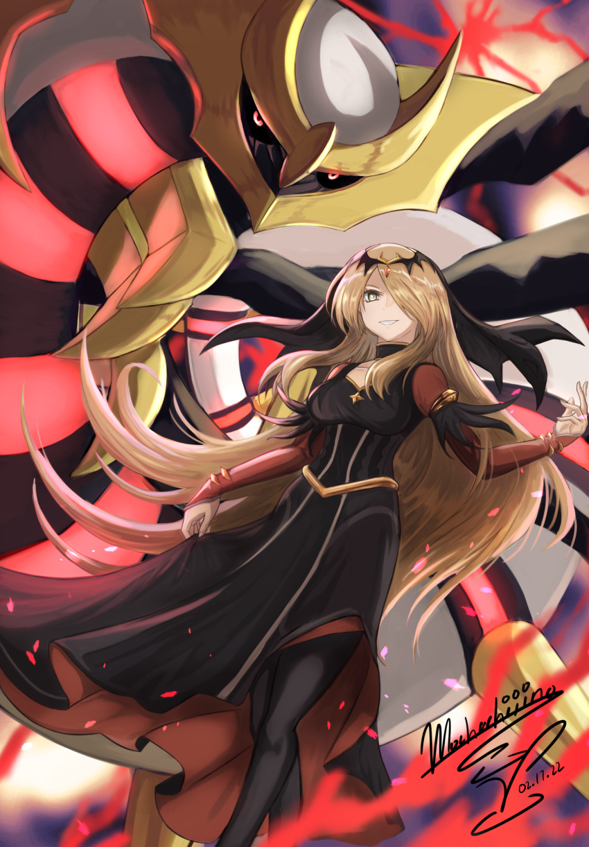 1girl absurdres black_choker black_dress blonde_hair blurry choker commentary_request cynthia_(pokemon) dated dress giratina hair_ornament hair_over_one_eye highres long_hair long_sleeves looking_at_viewer mochachiiino official_alternate_costume parted_lips pokemon pokemon_(game) pokemon_masters_ex shiny shiny_hair signature smile yellow_eyes