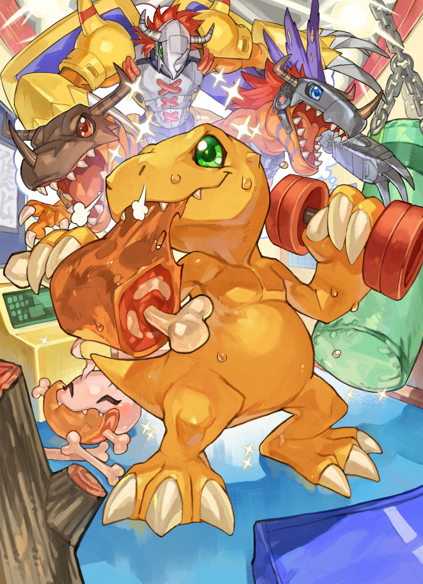 =3 ^_^ agumon armor blue_eyes bone boned_meat chain claws closed_eyes commentary_request cyborg digimon digimon_(creature) dinosaur dumbbell eating evolutionary_line exercise fake_horns food green_eyes greymon happy helmet highres holding holding_food horned_helmet horns imagining koromon looking_at_viewer looking_to_the_side meat mechanical_arms metalgreymon no_humans open_mouth punching_bag purple_wings red_eyes red_hair sharp_teeth short_hair shoulder_armor shoulder_spikes single_mechanical_arm sparkle spiked_hair spikes sweat tapioka_chaso teeth thought_bubble tongue torn_wings translation_request tree_stump upper_teeth wargreymon wings