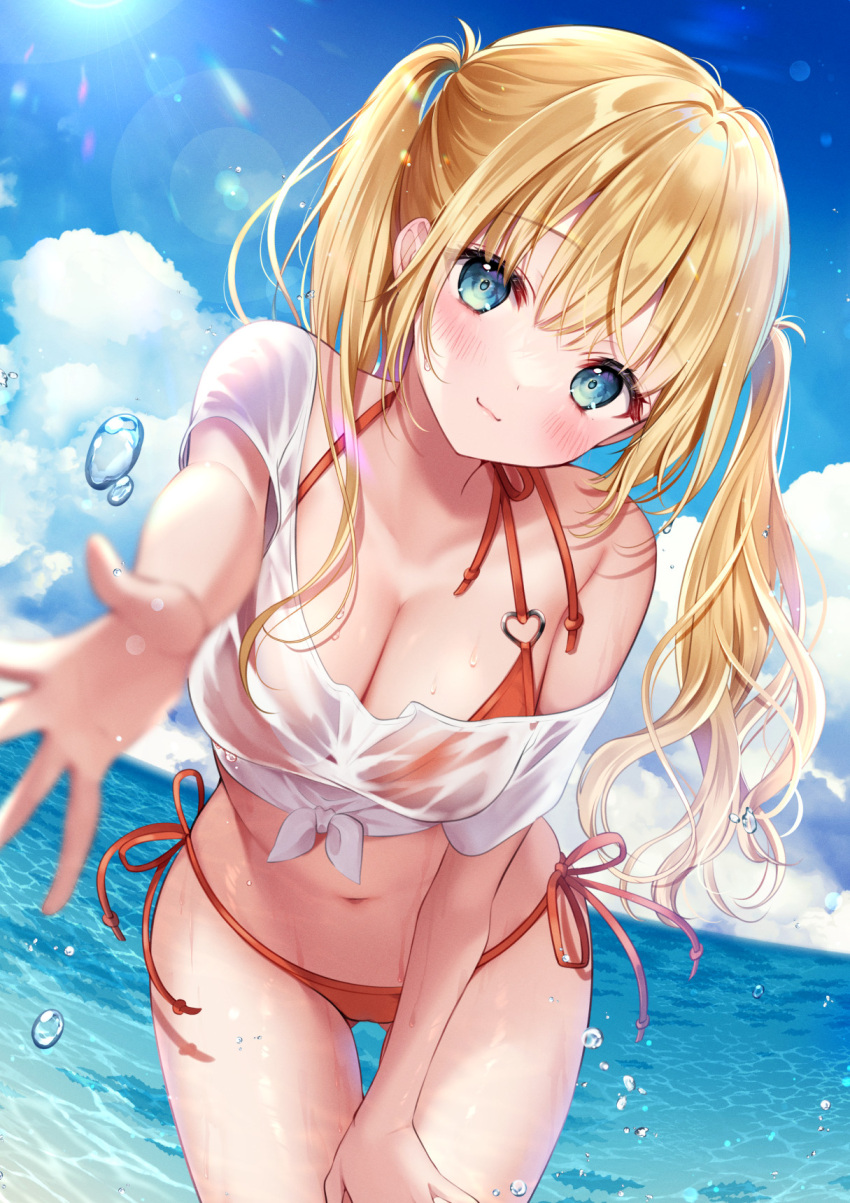 1girl bikini blonde_hair blue_eyes blue_sky blush breasts cleavage eyebrows_visible_through_hair hand_on_own_knee highres large_breasts leaning_forward long_hair looking_at_viewer ocean orange_bikini original outstretched_arm reaching_out see-through shirt side-tie_bikini sky smile solo sun swimsuit tied_shirt twintails water_drop white_shirt yugirlpict