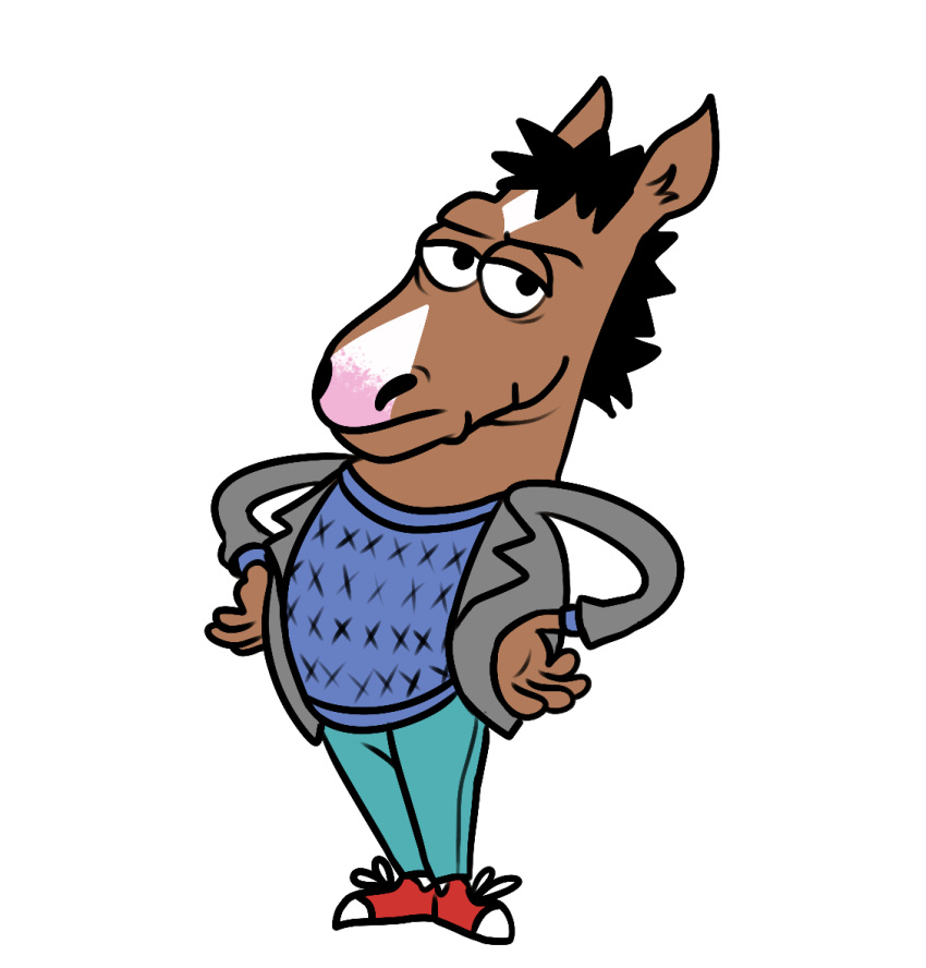 anthro bojack_horseman bojack_horseman_(character) bottomwear clothing denim denim_clothing equid equine footwear frenhm hands_on_hips horse jeans looking_at_viewer male mammal netflix pants shoes sneakers solo sweater topwear uncle_grandpa