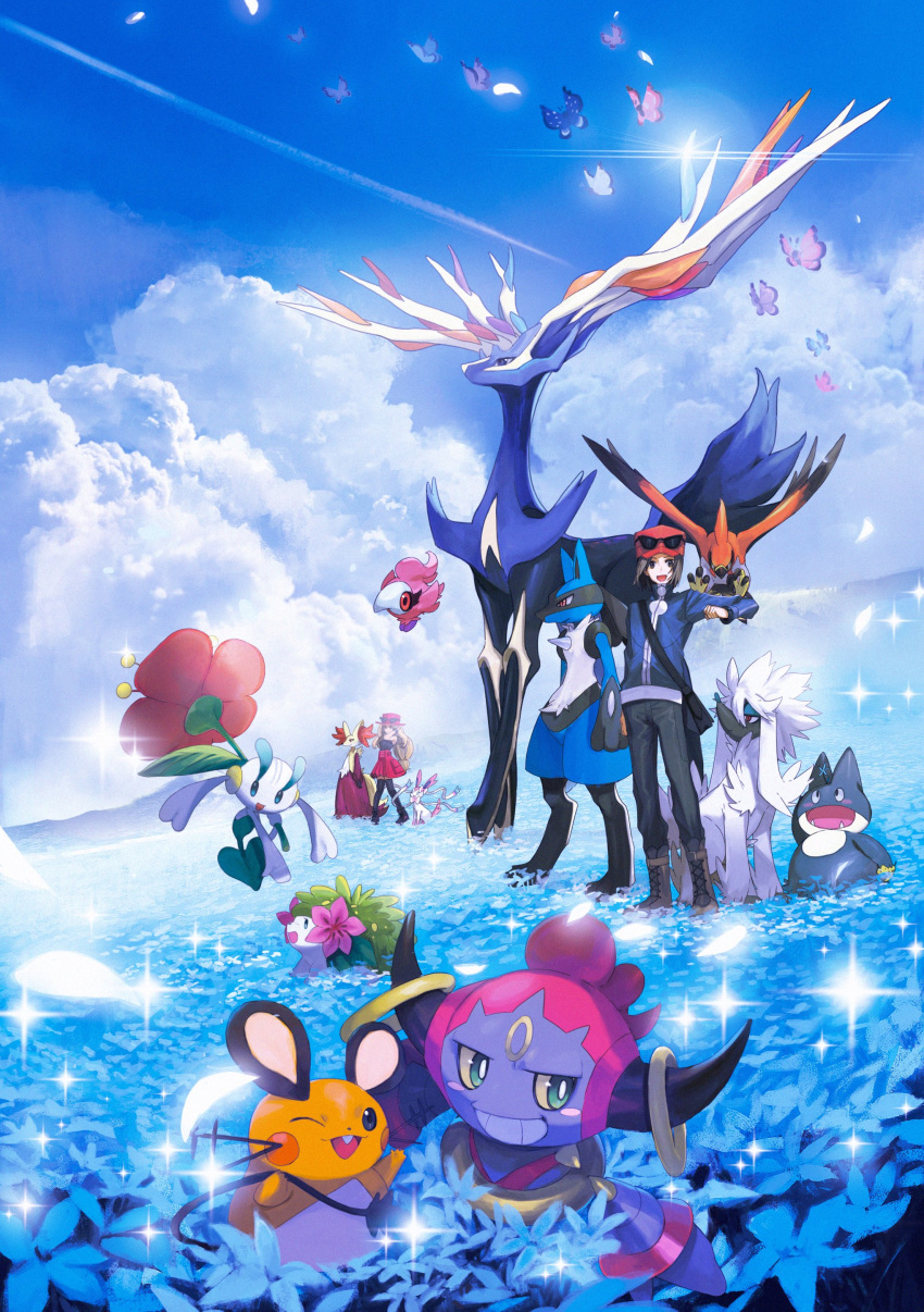 1boy 1girl absurdres bag bird black_bag black_legwear blue_flower blue_jacket boots calem_(pokemon) commentary dedenne delphox eyewear_on_headwear field flower flower_field furfrou hat highres hoopa hoopa_(confined) jacket lucario munchlax pants pink_headwear pokemon pokemon_(creature) pokemon_(game) pokemon_xy red_skirt serena_(pokemon) shaymin shaymin_(land) shirt shoes shoulder_bag skirt sparkle spritzee standing sunglasses sylveon talonflame thighhighs vivillon xerneas xuefei_(snowdrop)