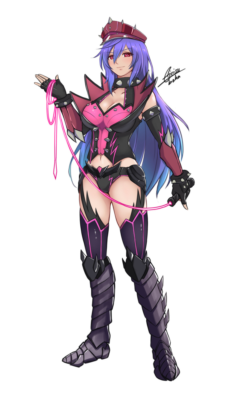 1girl airisubaka armor armored_boots artist_name boots bracelet collar commission deviljho_(armor) fingerless_gloves gloves hat highres iris_heart jewelry long_hair monster_hunter_(series) neptune_(series) peaked_cap purple_hair red_eyes simple_background solo spiked_bracelet spiked_collar spikes symbol-shaped_pupils whip white_background