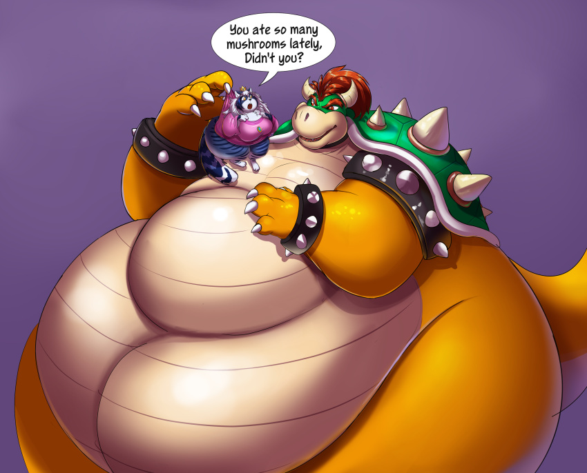 2020 absurd_res anthro armband bowser bowser_day bracelet claws clothing crown dialogue domestic_cat dress duo eye_contact fangs felid feline felis female hair hi_res holding_partner horn jewelry looking_at_another macro male mammal mario_bros navel nintendo obese obese_anthro obese_male open_mouth overweight overweight_anthro overweight_male pink_clothing pink_dress raised_tail shell shenzel shenzel_(shenzel) size_difference speech_bubble spiked_armband spiked_bracelet spiked_shell spikes spikes_(anatomy) teeth text video_games