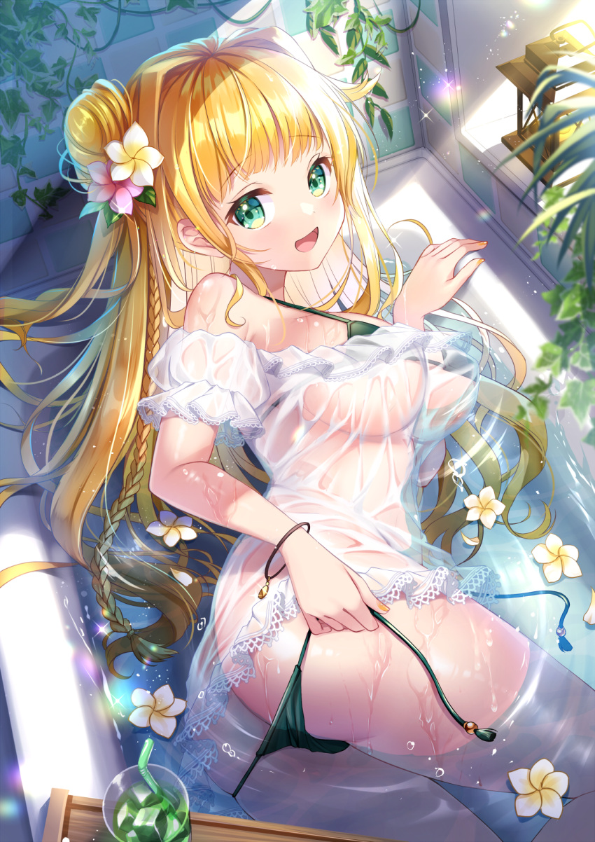 1girl :d ass bangs bathtub bikini bikini_removed bikini_under_clothes blonde_hair bracelet braid breasts dress eyebrows_visible_through_hair flower green_bikini green_eyes hair_flower hair_ornament highres indoors jewelry koyama_sao large_breasts long_hair looking_at_viewer looking_to_the_side lying micro_bikini on_side original partially_submerged pink_flower plant see-through single_braid smile solo swimsuit swimsuit_under_clothes tied_hair wet wet_clothes wet_hair white_dress white_flower yellow_nails