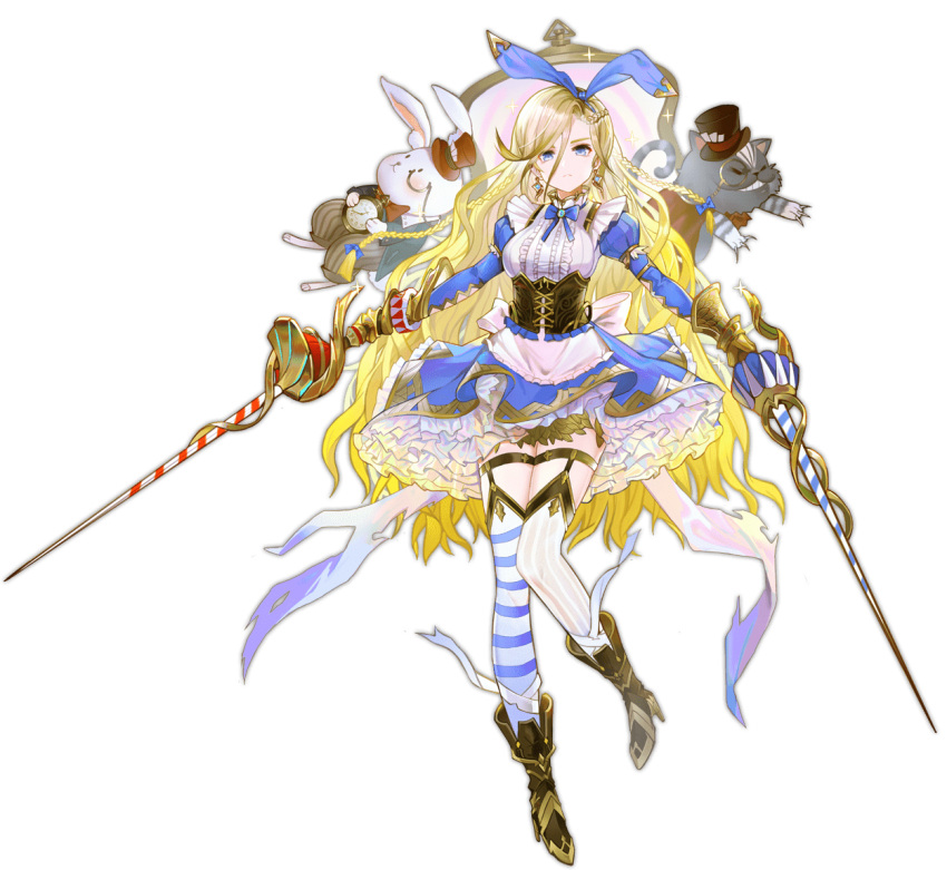 1girl alice_(ark_order) animal_ears apron ark_order asymmetrical_legwear back_bow bandaged_leg bandages blonde_hair blue_bow blue_eyes blue_skirt book boots bow bowtie braid brown_footwear bunny cat center_frills corset crown cup dual_wielding earrings fake_animal_ears fire food frilled_skirt frills full_body garter_straps hat holding holding_sword holding_weapon horizontal_stripes jewelry juliet_sleeves long_hair long_sleeves looking_at_viewer mini_crown mismatched_legwear monocle official_art pocket_watch pppppan puffy_sleeves rabbit_ears shirt skirt solo spade_(shape) striped striped_legwear sword tachi-e thigh_strap thighhighs top_hat transparent_background vertical-striped_legwear vertical_stripes very_long_hair watch weapon white_apron white_bow white_shirt