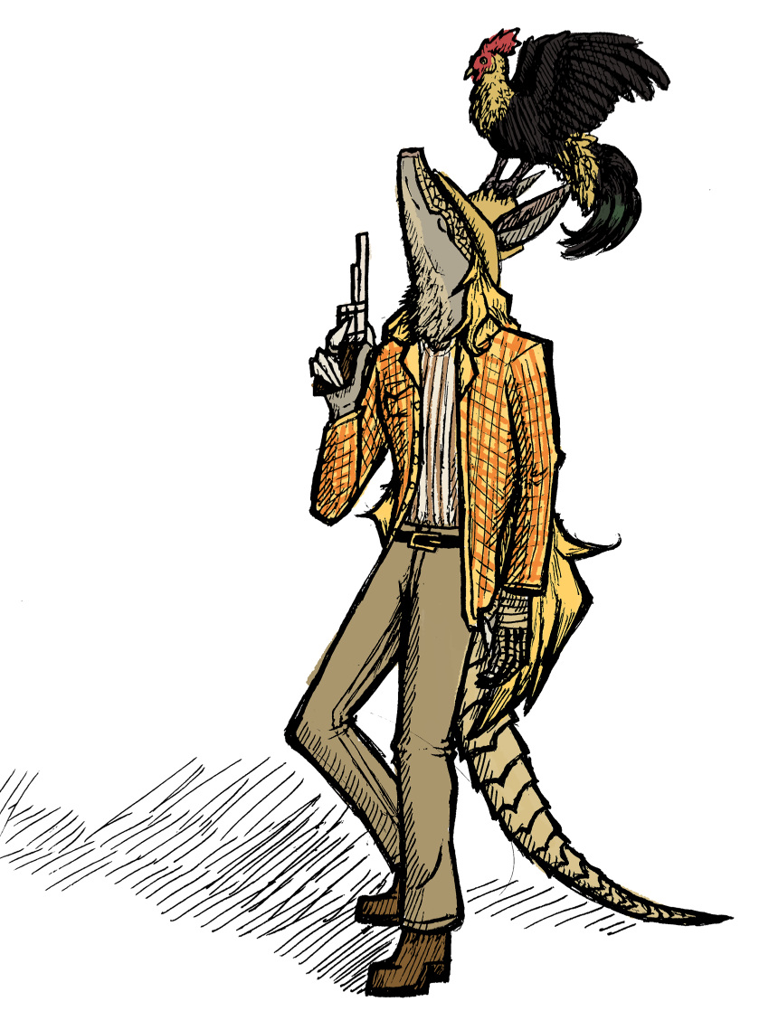 absurd_res anthro armadillo avian bird black_body black_feathers blonde_hair chicken clothing cowboy_hat danny_burns duo eyes_closed feathers feral galliform gallus_(genus) grey_body gun hair handgun hat headgear headwear hi_res holding_gun holding_object holding_weapon larry_burns long_hair makaronnie male mammal nine-banded_armadillo phasianid pistol raised_head raised_wings ranged_weapon simple_background standing_on_another wavy_hair weapon wings xenarthran yellow_clothing