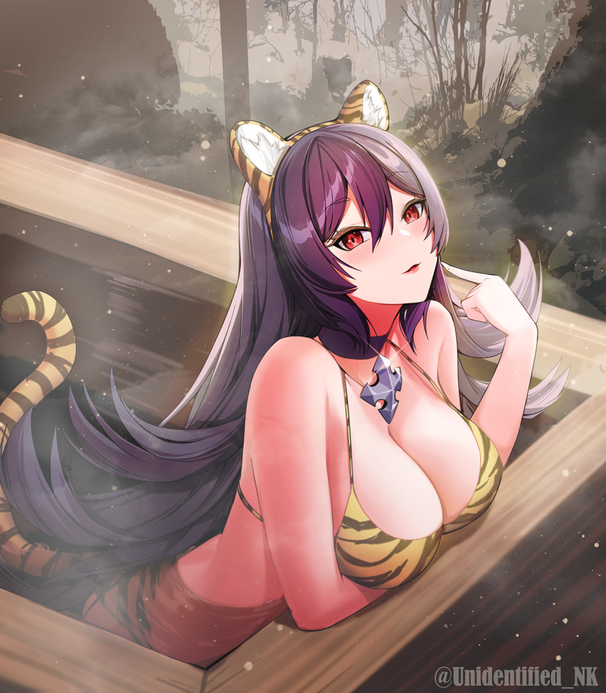 1girl animal_ear_fluff animal_ears arm_under_breasts artist_name bangs bathing bikini breasts choker cleavage closed_mouth cross flipped_hair from_above from_side glint hair_between_eyes hand_up highres ilya_(princess_connect!) large_breasts long_hair looking_at_viewer onsen partially_submerged pointing pointing_at_self princess_connect! print_bikini purple_hair red_eyes red_lips smile solo steam strap_gap string_bikini swimsuit tail tiger_ears tiger_stripes tiger_tail twitter_username unidentified_nk very_long_hair water wooden_bathtub yellow_bikini