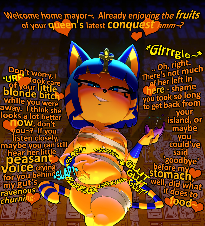 &lt;3 absurd_res after_vore animal_crossing ankha_(animal_crossing) anthro bandage belly belly_squeeze big_breasts blue_eyes blush bob_cut breasts bulging_breasts burping clothed clothing container cup dialogue digestion dirty_talk domestic_cat drinking_glass egyptian english_text felid feline felis female female_pred female_prey glass glass_container glass_cup hi_res holding_belly ineffective_clothing looking_down mammal markings navel nintendo potbelly rumbling_stomach short_stack skimpy smile smug solo sound_effects striped_markings striped_tail stripes tail_markings talking_to_viewer taunting text theboogie thick_thighs uraeus video_games vore wine_glass yellow_body