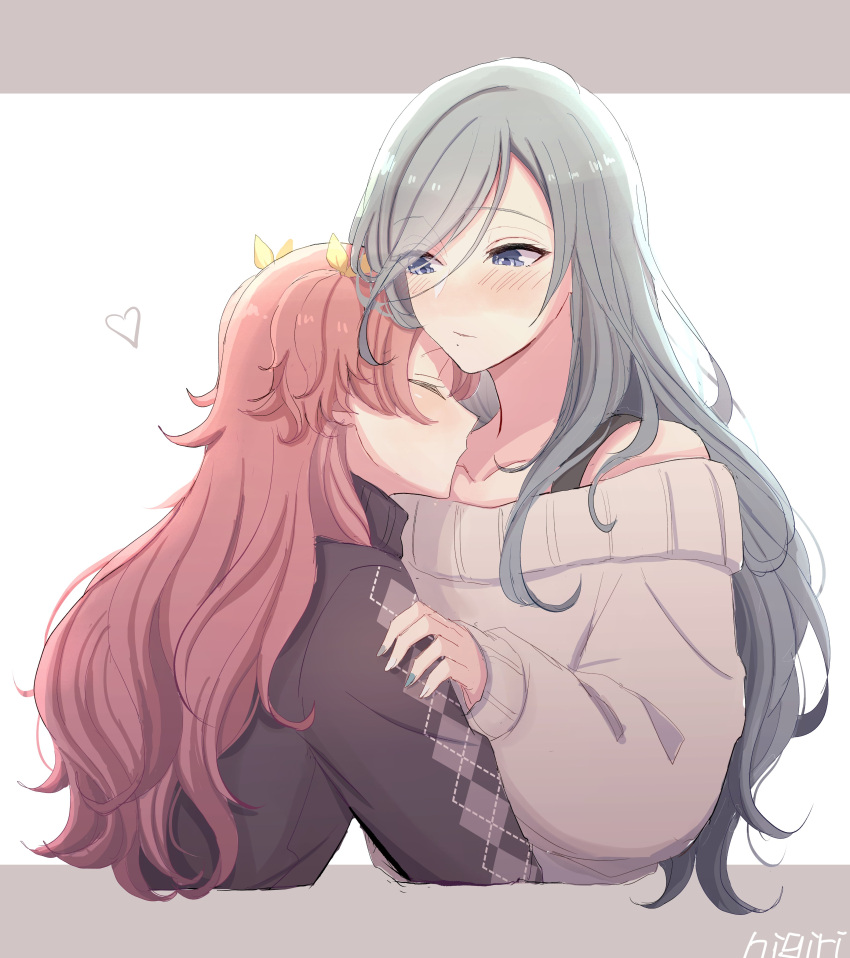 2girls absurdres blue_eyes blue_hair doraimon0312 highres hinomori_shizuku hug kissing_shoulder long_hair long_sleeves momoi_airi multiple_girls off_shoulder pink_hair project_sekai sweater yuri