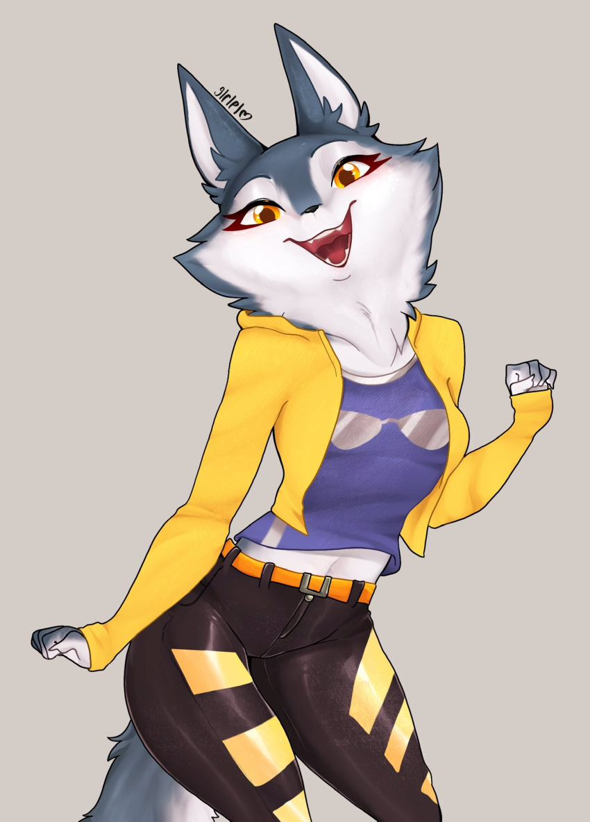 anthro arctic_wolf belt canid canine canis clothing countershading eyewear female happy hi_res illumination_entertainment jacket mammal porsha_crystal simple_background sing_(movie) siripim111 smile solo standing sunglasses topwear wolf