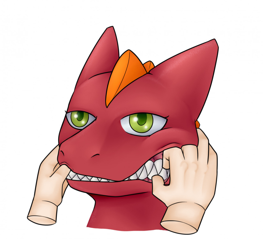 anthro chanhee_cha colored dragon ears_up face_pull female hand_on_face hands_in_mouth horn looking_at_another pivoted_ears red_body reycovert scalie solo squish teeth teeth_showing western_dragon