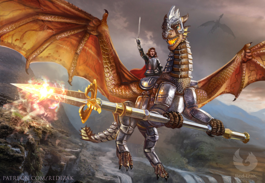 accessory amazing_background ambiguous_gender armor background_character breath_powers cloudy detailed_background dragon dragon_horn duo elemental_manipulation female_(lore) feral fire fire_breathing fire_manipulation frill_(anatomy) furgonomics hi_res horn human leather_straps male_(lore) mammal melee_weapon membrane_(anatomy) membranous_frill plant polearm red-izak river spear sword tail_accessory tail_frill tail_membrane waterfall waterfalls weapon
