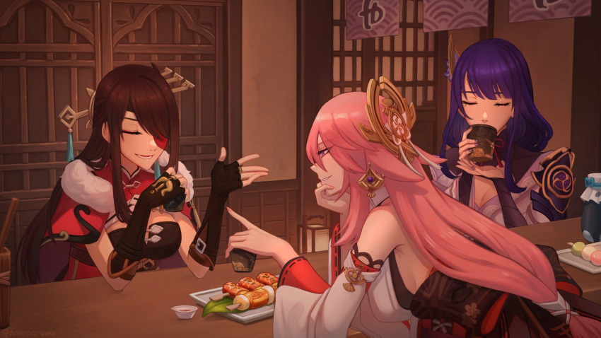 3girls anhmaruwu animal_ears bangs bare_shoulders beidou_(genshin_impact) black_gloves bottle breasts bridal_gauntlets cleavage closed_eyes cup dango detached_sleeves dress drinking earrings eyepatch fingerless_gloves floppy_ears flower food fox_ears genshin_impact gloves hair_ornament hair_stick hairpin highres holding holding_cup indoors japanese_clothes jewelry kebab kimono large_breasts long_hair low-tied_long_hair meat miko mole mole_under_mouth multiple_girls one_eye_covered open_mouth pink_hair pink_nails plate priestess purple_eyes purple_flower purple_kimono purple_nails raiden_shogun red_dress red_eyepatch sitting skewer smile table tassel vision_(genshin_impact) wagashi wide_sleeves yae_miko