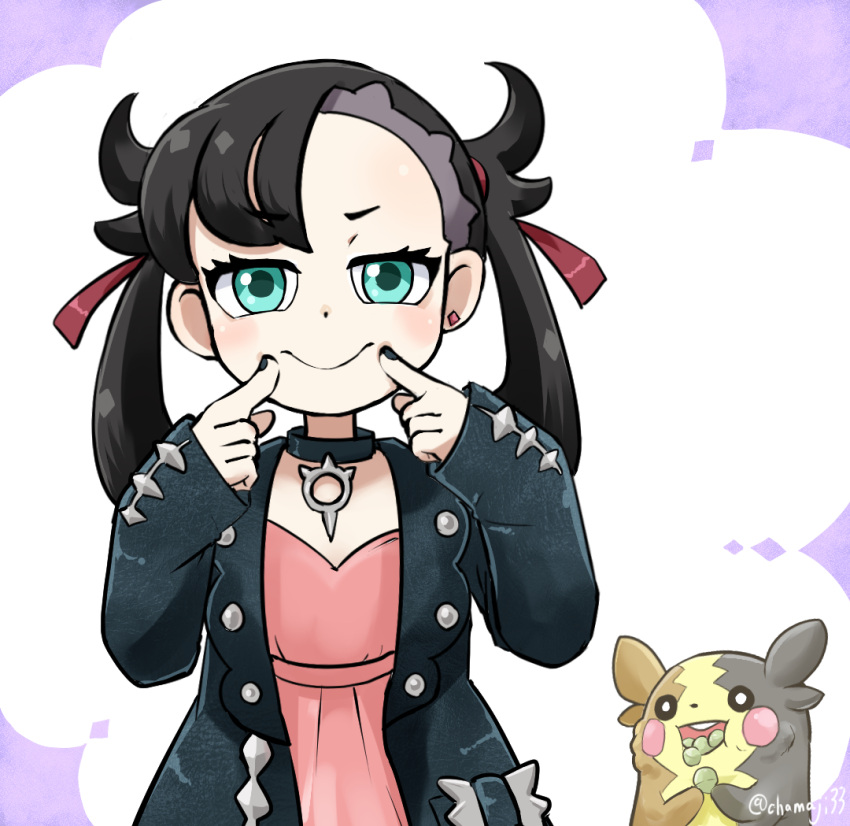 1girl aqua_eyes asymmetrical_bangs bangs black_hair black_jacket black_nails chamaji collar dress earrings eating eyebrows_visible_through_hair fingersmile hair_ribbon jacket jewelry marnie_(pokemon) morpeko morpeko_(full) pink_dress pokemon pokemon_(creature) pokemon_(game) pokemon_swsh ribbon single_earring sleeves_past_wrists solo twitter_username