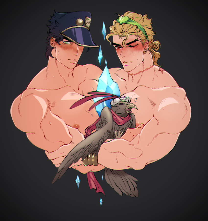 2boys bird birthmark black_hair blush dio_brando falcon flushed green_eyes hairband hat heart helmet highres ice_crystal joestar_birthmark jojo_no_kimyou_na_bouken kujo_jotaro large_pectorals less_end male_focus manboobs multiple_boys muscular muscular_male pectorals pet_shop red_eyes scar scar_on_neck stardust_crusaders topless_male wince