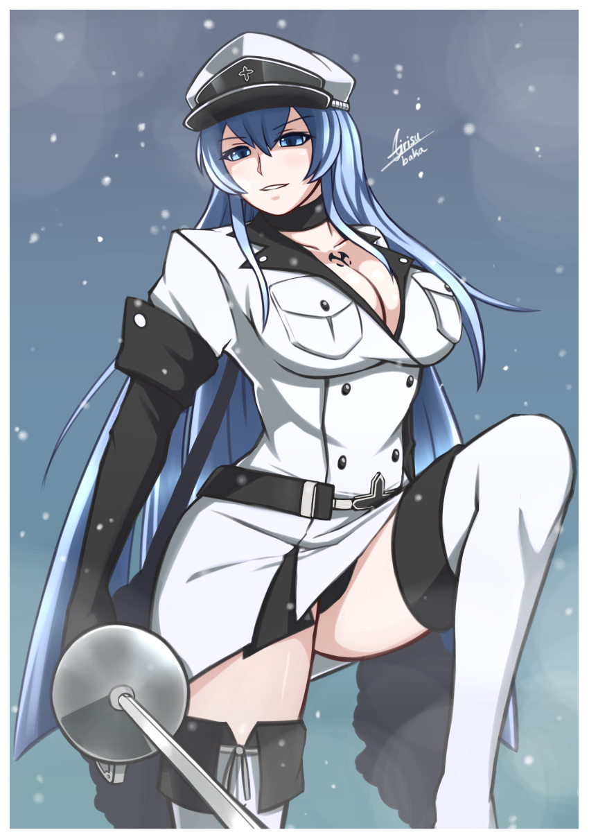 1girl absurdres airisubaka akame_ga_kill! artist_name blue_eyes blue_hair boots breasts choker cleavage commission esdeath hat highres large_breasts long_hair looking_at_viewer military military_uniform peaked_cap rapier smile solo sword thigh_boots thighhighs uniform very_long_hair weapon white_footwear white_legwear zettai_ryouiki