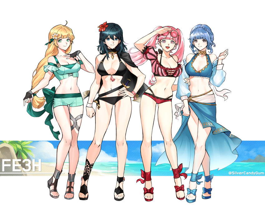 4girls :d absurdres ahoge arm_up bangs bare_arms bare_legs bare_shoulders belt bikini black_belt black_bikini black_cape black_footwear black_gloves blonde_hair blue_bikini blue_eyes blue_footwear blue_hair blue_jacket blunt_bangs braid breasts byleth_(fire_emblem) byleth_(fire_emblem)_(female) cape cleavage clenched_hand collarbone commentary_request crossed_legs crown_braid eyebrows_visible_through_hair eyewear_on_head fingerless_gloves fire_emblem fire_emblem:_three_houses fire_emblem_heroes flower full_body gloves green_bikini green_eyes green_shorts grey_eyes hair_between_eyes hair_flower hair_ornament hand_on_hip hand_on_own_chest hand_up hibiscus highres hilda_valentine_goneril ingrid_brandl_galatea jacket large_breasts long_hair looking_at_viewer low-tied_long_hair marianne_von_edmund medium_breasts multiple_girls navel off-shoulder_bikini off_shoulder official_alternate_costume open_clothes open_jacket pink_bikini pink_eyes pink_hair puffy_short_sleeves puffy_sleeves red_flower red_footwear sandals sarong short_hair short_sleeves shorts silvercandy_gum simple_background smile standing stomach striped striped_bikini summer sunglasses swimsuit thighs twintails vertical-striped_bikini vertical_stripes very_long_hair watson_cross white_background wristband