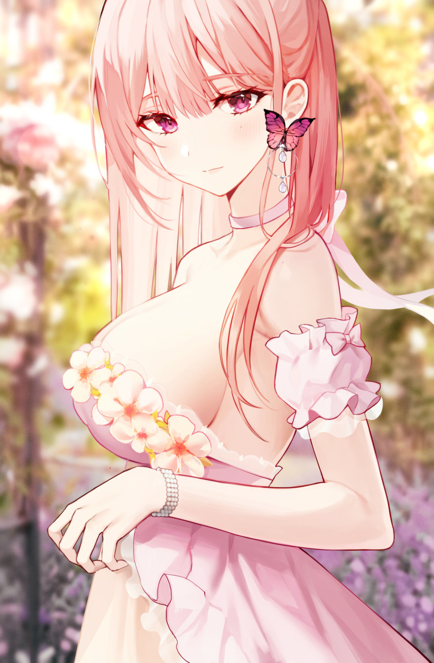 1girl arm_garter bangs bracelet breasts butterfly_earrings choker churi_(oxxchurixxo) dress earrings highres jewelry large_breasts long_hair original outdoors pink_dress pink_eyes pink_hair sideboob solo strapless strapless_dress upper_body