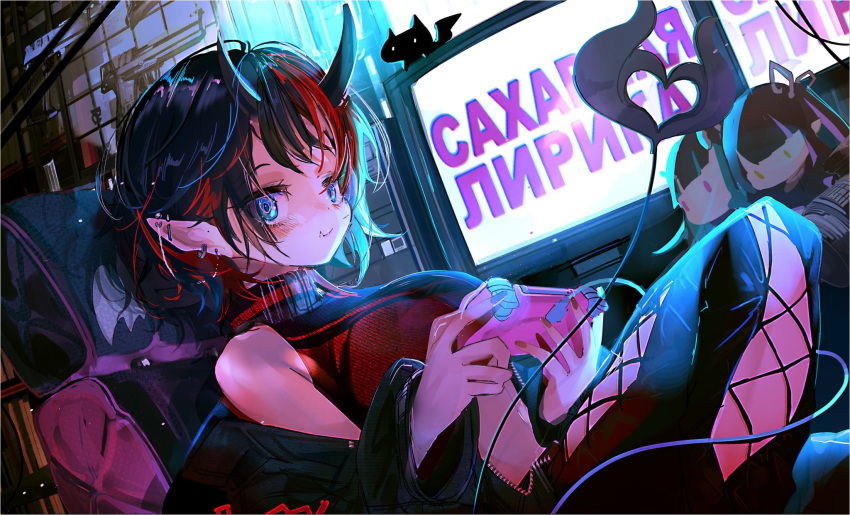 1girl bangs black_hair black_jacket black_pants black_sports_bra blue_eyes blush breasts chair character_doll commentary_request controller copyright_name cross-laced_pants demon_girl demon_horns demon_tail ear_piercing game_controller highres holding holding_controller holding_game_controller horns indoors jacket kojo_anna large_breasts looking_at_viewer monitor multicolored_hair off_shoulder pants piercing pointy_ears red_hair red_sports_bra russian_text ryugasaki_rene screen_light shishio_chris short_hair solo sports_bra sugar_lyric tail tokikosann two-tone_hair virtual_youtuber