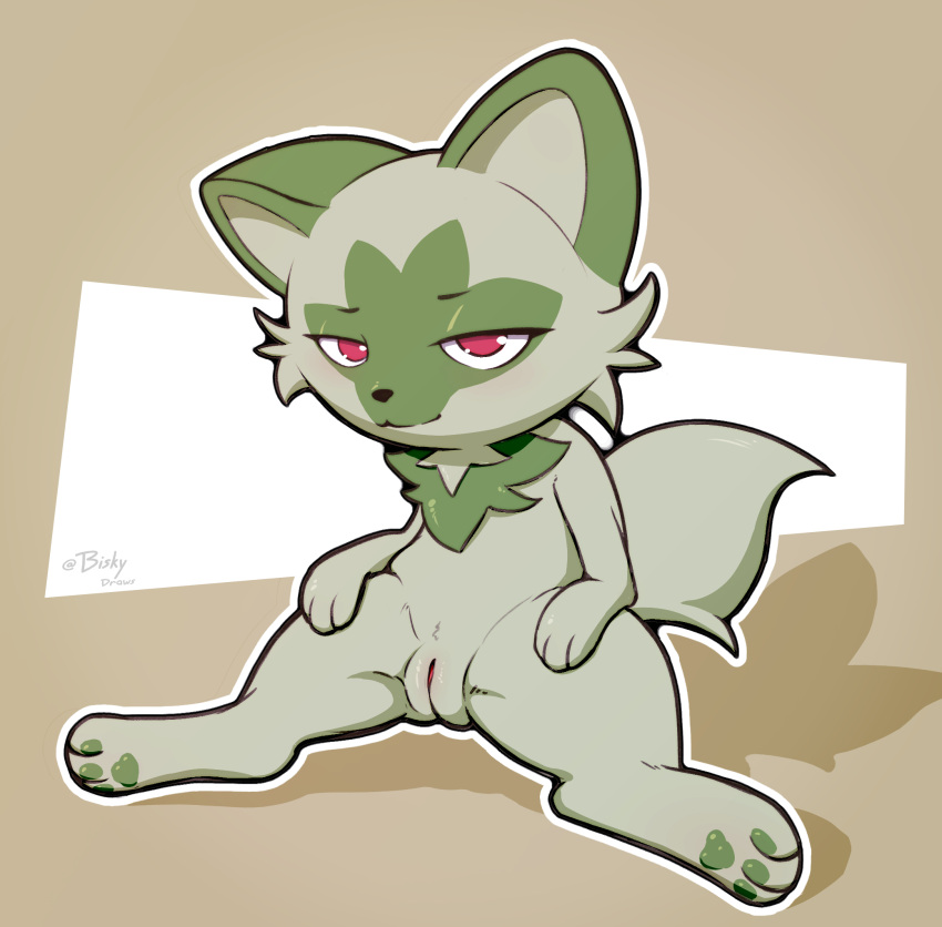 biskydraws cheek_tuft facial_tuft felid female feral genitals green_body hi_res mammal neck_tuft nintendo paws pok&eacute;mon pok&eacute;mon_(species) pussy red_eyes solo sprigatito tuft video_games