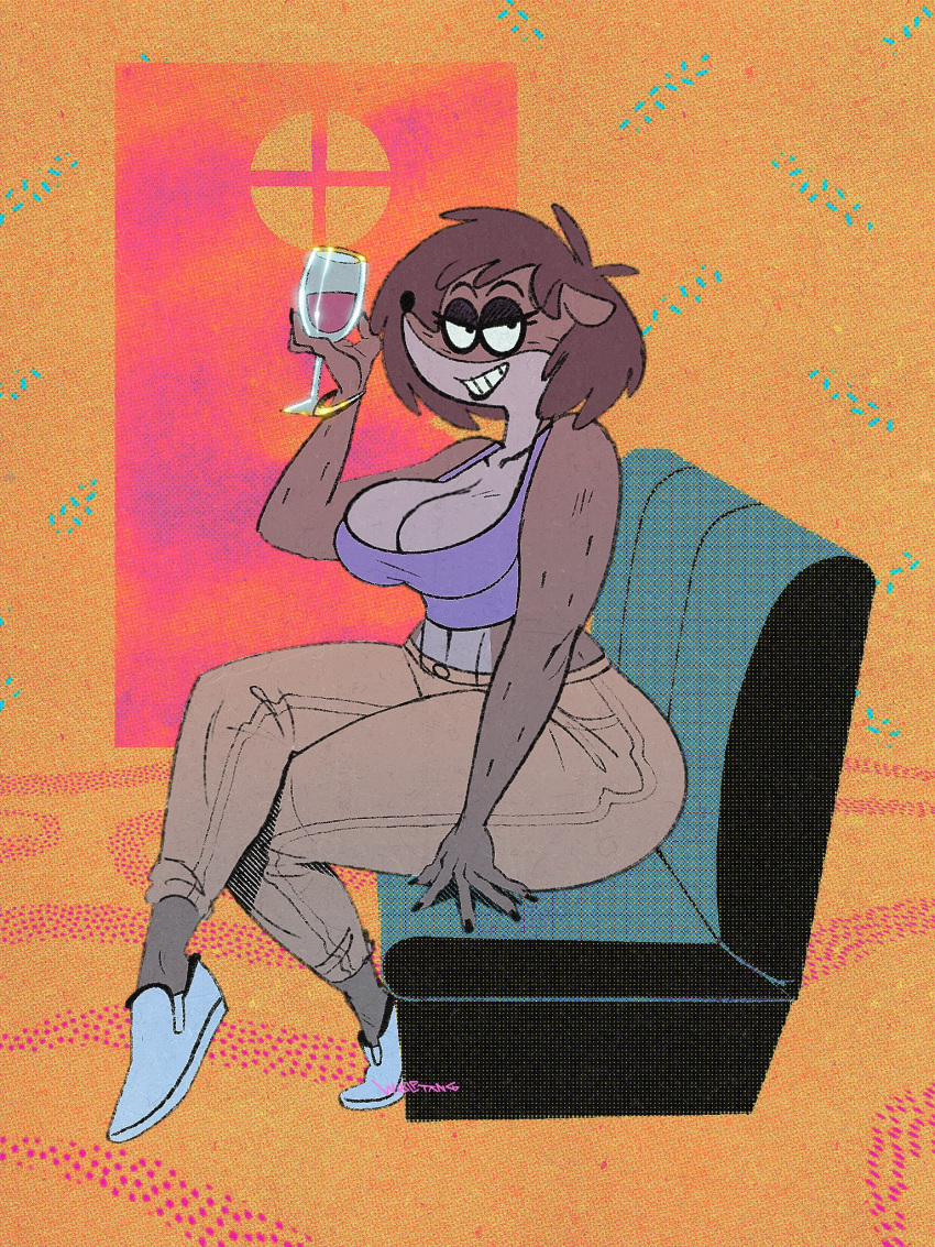 2022 alcohol anthro barbera_(regular_show) bedroom_eyes beverage big_breasts bottomwear bracelet breasts brown_body brown_hair butt cartoon_network clothing container cup drinking_glass female footwear fur furniture glass glass_container glass_cup hair hi_res jewelry mammal multicolored_body multicolored_fur narrowed_eyes pants procyonid raccoon regular_show seductive shoes smile sofa solo thick_thighs topwear two_tone_body two_tone_fur wide_hips wine wine_glass wolftang