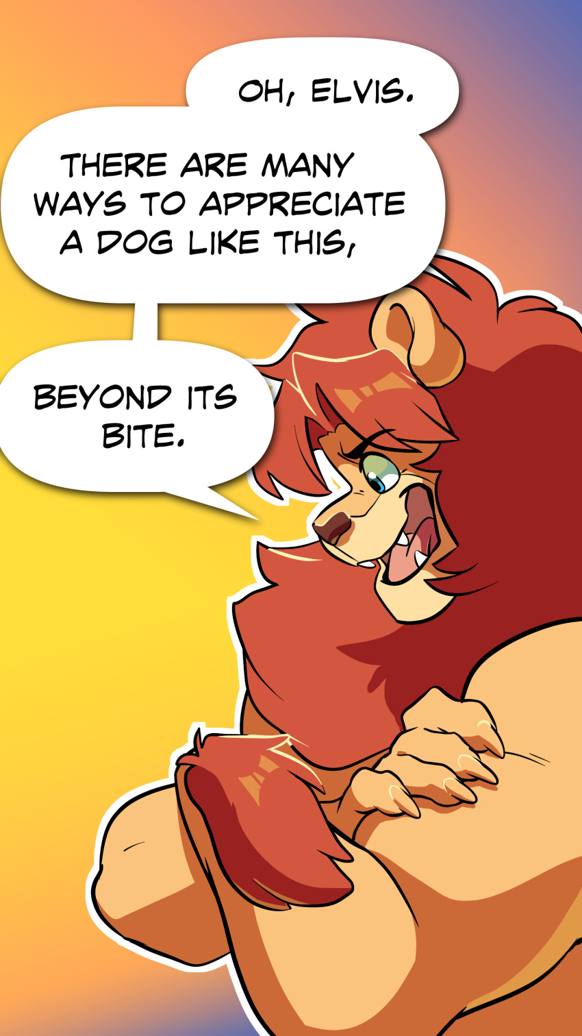 2019 absurd_res anthro blue_eyes comic crossed_arms dialogue english_text fangs felid fur furry_force hi_res komoroshi_(artist) leon_(furry_force) lion male mammal mane muscular muscular_anthro muscular_male pantherine red_mane side_view solo speech_bubble text yellow_body yellow_fur