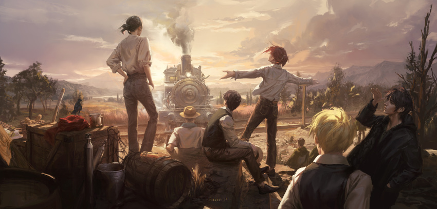 2girls 5boys armin_arlert artist_name barrel black_hair black_jacket black_pants black_vest blonde_hair box cloak closed_mouth connie_springer day envie_p1 eren_yeager green_cloak ground_vehicle hand_up hange_zoe hat highres jacket jean_kirchstein long_sleeves looking_away mikasa_ackerman multiple_boys multiple_girls outdoors pants ponytail profile shingeki_no_kyojin shirt short_hair sleeves_rolled_up sunset train tree vest white_shirt