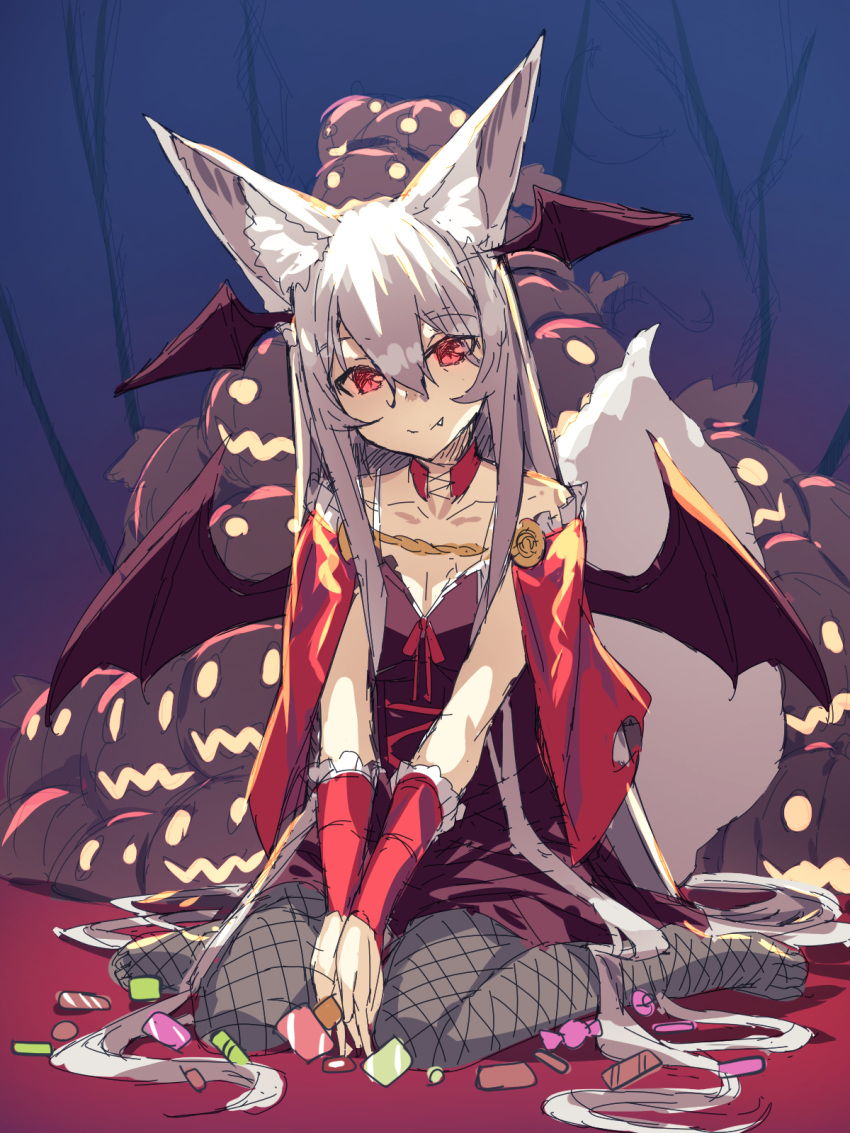 1girl animal_ear_fluff animal_ears bangs bare_shoulders black_wings capelet closed_mouth dress eyebrows_visible_through_hair fang fang_out fishnet_legwear fishnets fox_ears fox_girl fox_tail grey_hair grey_legwear hair_between_eyes head_tilt head_wings highres jack-o'-lantern long_hair looking_at_viewer no_shoes original purple_dress red_capelet sitting sketch smile solo tail very_long_hair wariza wings yuuji_(yukimimi)