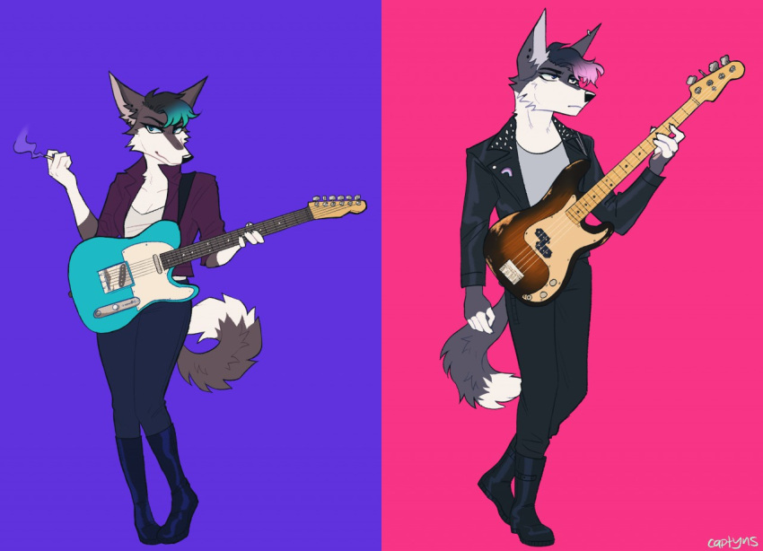 adam_(captyns) anthro boots bottomwear brown_body brown_fur captyns cigarette clothing digital_media_(artwork) duo ear_piercing eyebrows female footwear fur green_eyes grey_body grey_fur guitar guitar_strap highlights_(coloring) holding_cigarette holding_object invalid_tag jacket lex_(captyns) magenta_background male musical_instrument piercing pink_background plucked_string_instrument punk punk_hair purple_background sibling simple_background standing string_instrument studs tomboy topwear twins watermark white_body white_fur