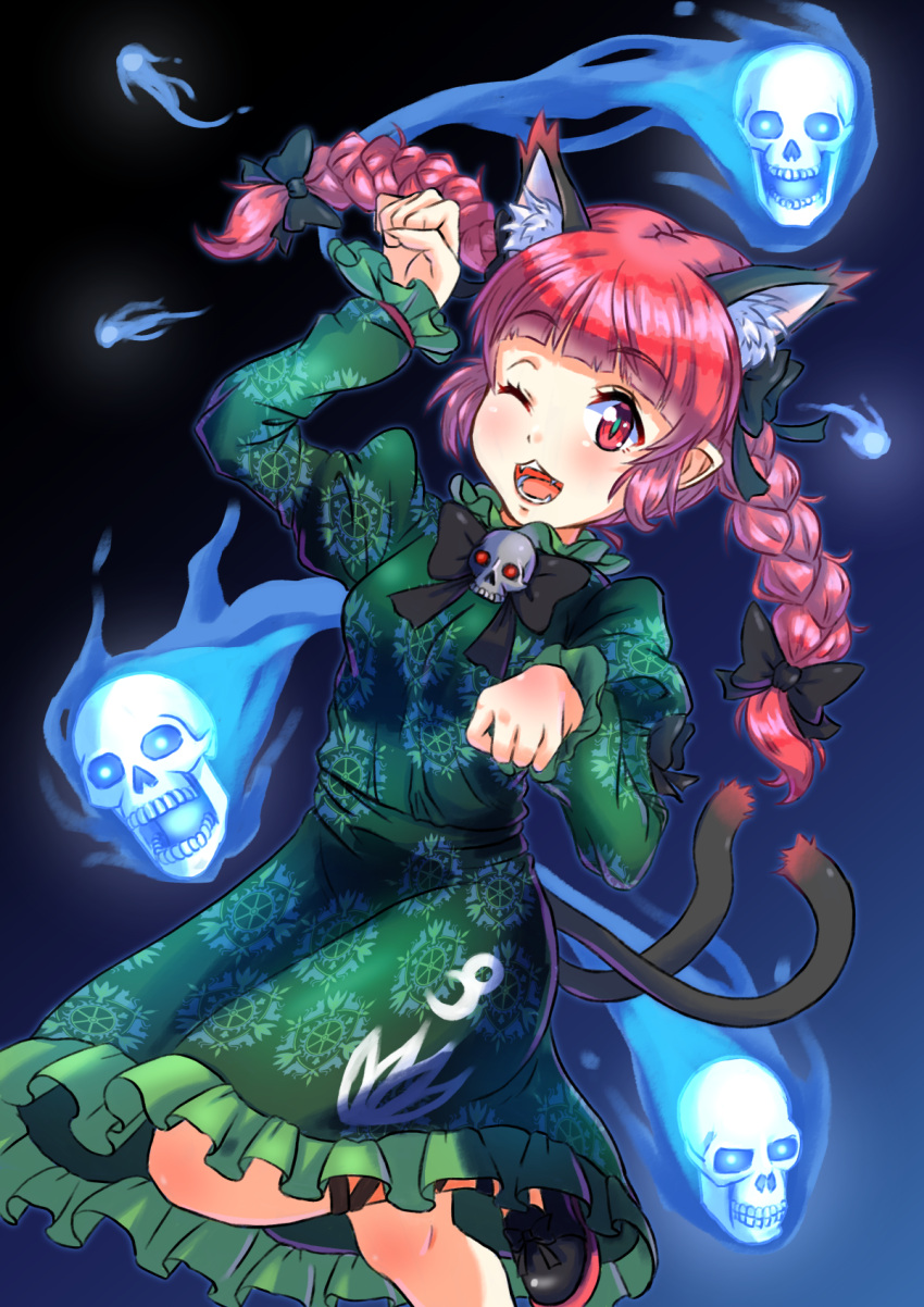 1girl ;3 ;d animal_ear_fluff arm_up blue_fire blush braid dark_background extra_ears fire flaming_skull floating_hair floating_skull foot_out_of_frame gradient gradient_background hands_up highres hitodama jouzou kaenbyou_rin long_hair looking_at_viewer one_eye_closed open_mouth paw_pose pointy_ears red_eyes red_hair simple_background slit_pupils smile solo teeth tongue touhou twin_braids twintails