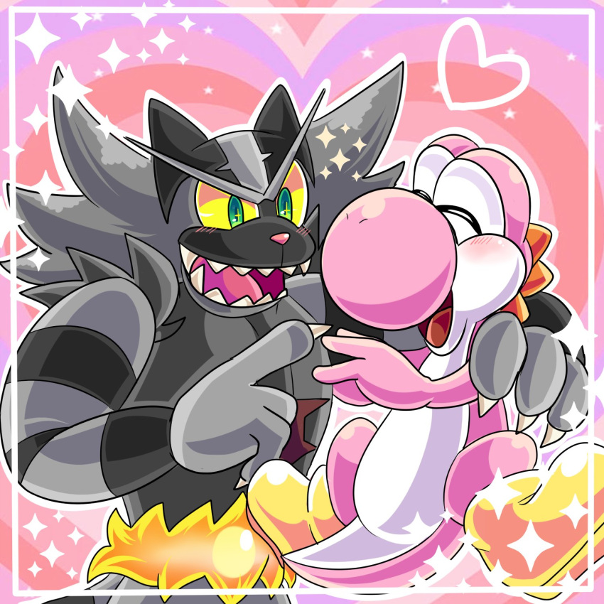 &lt;3 arm_around_shoulders black_body black_fur duo embrace eyes_closed female feral fur green_eyes happy hi_res hug incineroar male male/female mario_bros married_couple nintendo pink_yoshi pinkuunegai pok&eacute;mon pok&eacute;mon_(species) smile sparkles video_games yellow_sclera yoshi