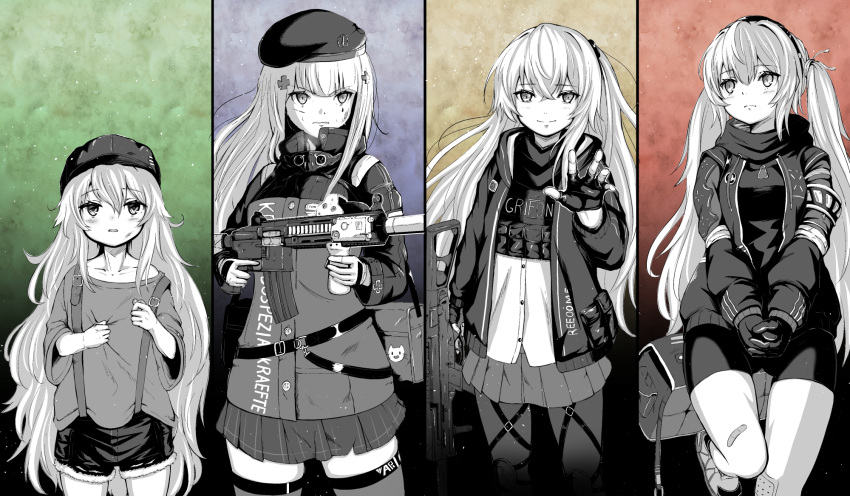 404_(girls'_frontline) 4girls angry assault_rifle bag beret bulletproof_vest commentary_request duffel_bag english_text fingerless_gloves g11_(girls'_frontline) german_text girls'_frontline gloves gun h&amp;k_hk416 h&amp;k_ump h&amp;k_ump45 hat highres hk416_(girls'_frontline) holding holding_gun holding_weapon multiple_girls numazume rifle sad sad_smile submachine_gun suspenders tactical_clothes trigger_discipline ump45_(girls'_frontline) ump9_(girls'_frontline) weapon younger
