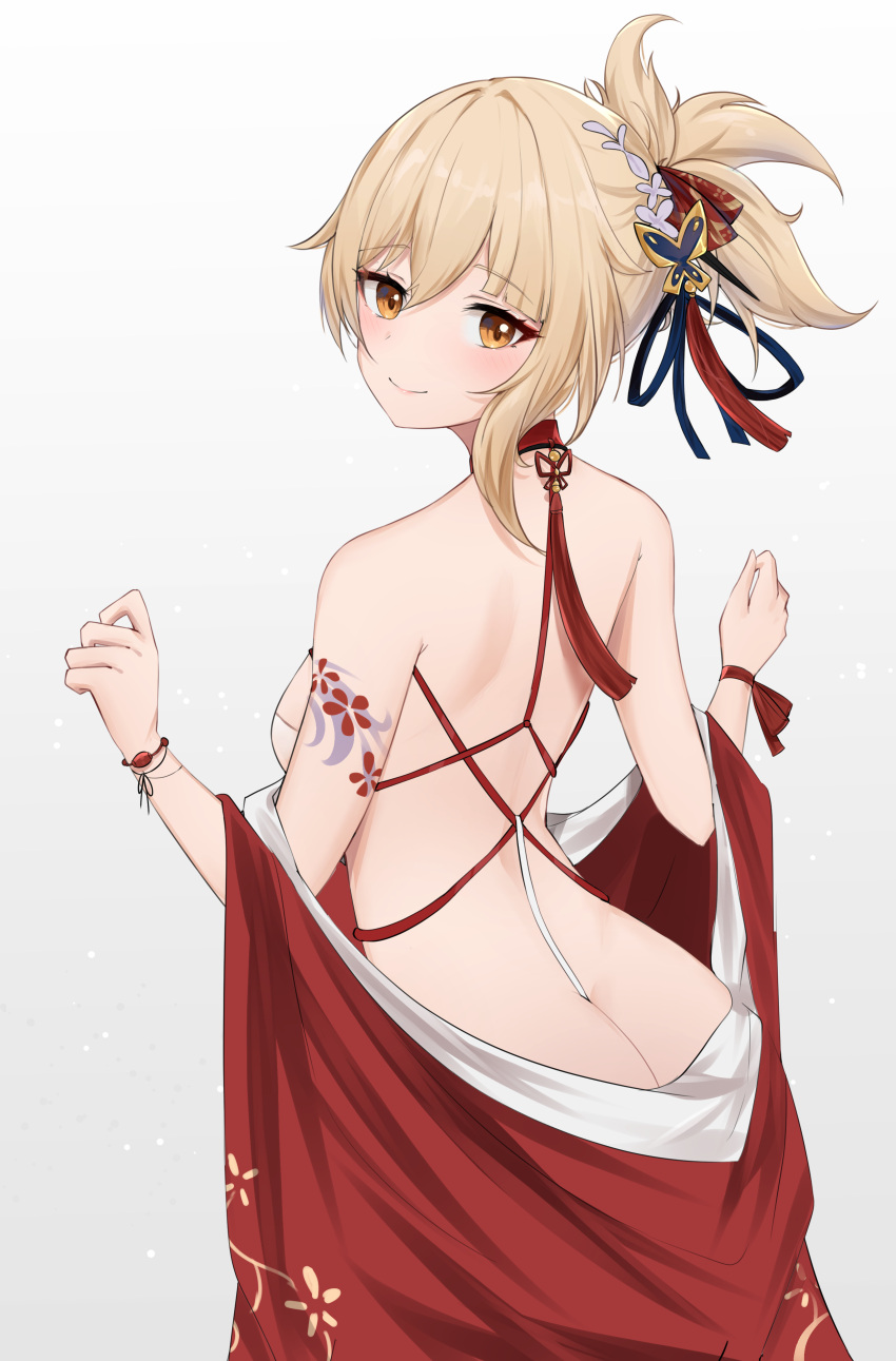 1girl absurdres alternate_costume arm_tattoo ass asymmetrical_hair azur_lane back between_buttocks blonde_hair blush bracelet breasts butt_crack butterfly_hair_ornament choker closed_mouth clothes_down clothes_pull dress dress_pull genshin_impact glorious_(azur_lane) glorious_(pungent_plum)_(azur_lane) hair_ornament hair_ribbon hands_up highres jewelry looking_at_viewer looking_back medium_breasts orange_eyes ponytail red_choker red_dress ribbon sidelocks simple_background smile solo sunny721 tassel tassel_hair_ornament tattoo white_background yoimiya_(genshin_impact)